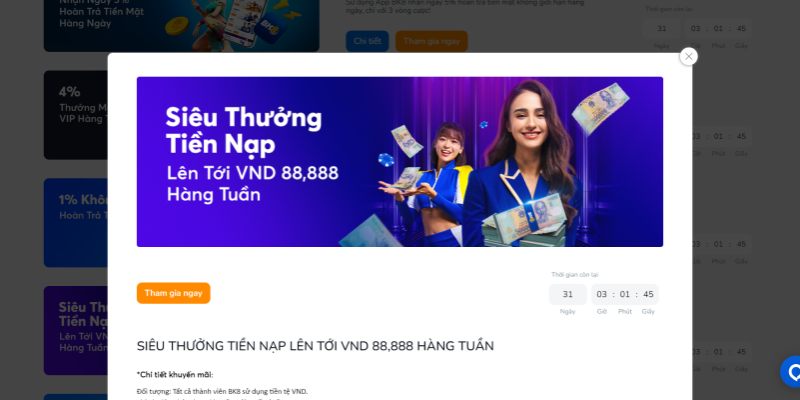 Siêu thưởng tiền nạp lên tới VND 88,888 hàng tuần